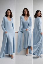 Load image into Gallery viewer, sky blue longline cardigan and knit maxi outfit set, knit dress set, two piece maxi outfit set women, quiet luxury knit, old money casual co-ord set, V-neck knit co-ord, Cozy luxury knit set, Versatile Soft Knit Maxi Dress and Matching Longline Cardigan Outfit Set Co-Ord, classy casual set.