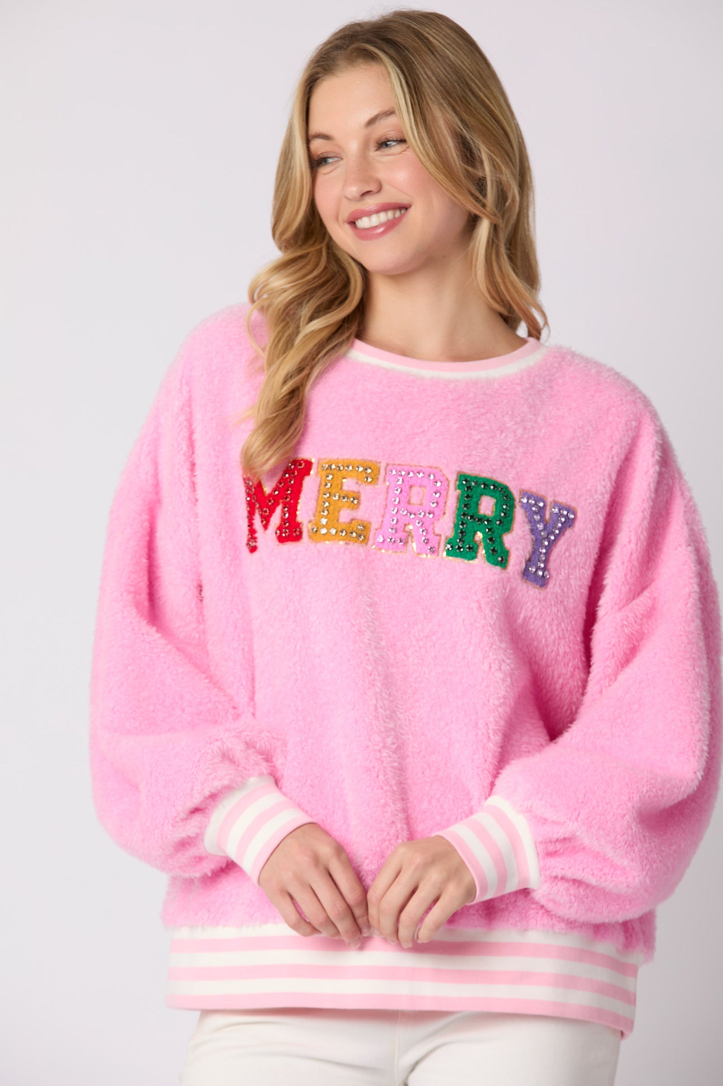 christmas sweatshirt women, Cozy pink fuzzy sweatshirt for women with multicolor sequin “MERRY” embroidery, balloon sleeves, and drop-shoulder fit  the perfect holiday sweater for winter brunch or travel, sequin sweatshirt women, balloon sleeve sweatshirt.