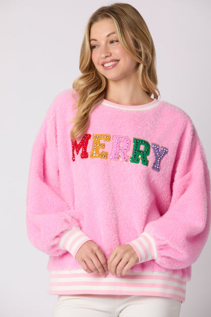 christmas sweatshirt women, Cozy pink fuzzy sweatshirt for women with multicolor sequin “MERRY” embroidery, balloon sleeves, and drop-shoulder fit  the perfect holiday sweater for winter brunch or travel, sequin sweatshirt women, balloon sleeve sweatshirt.