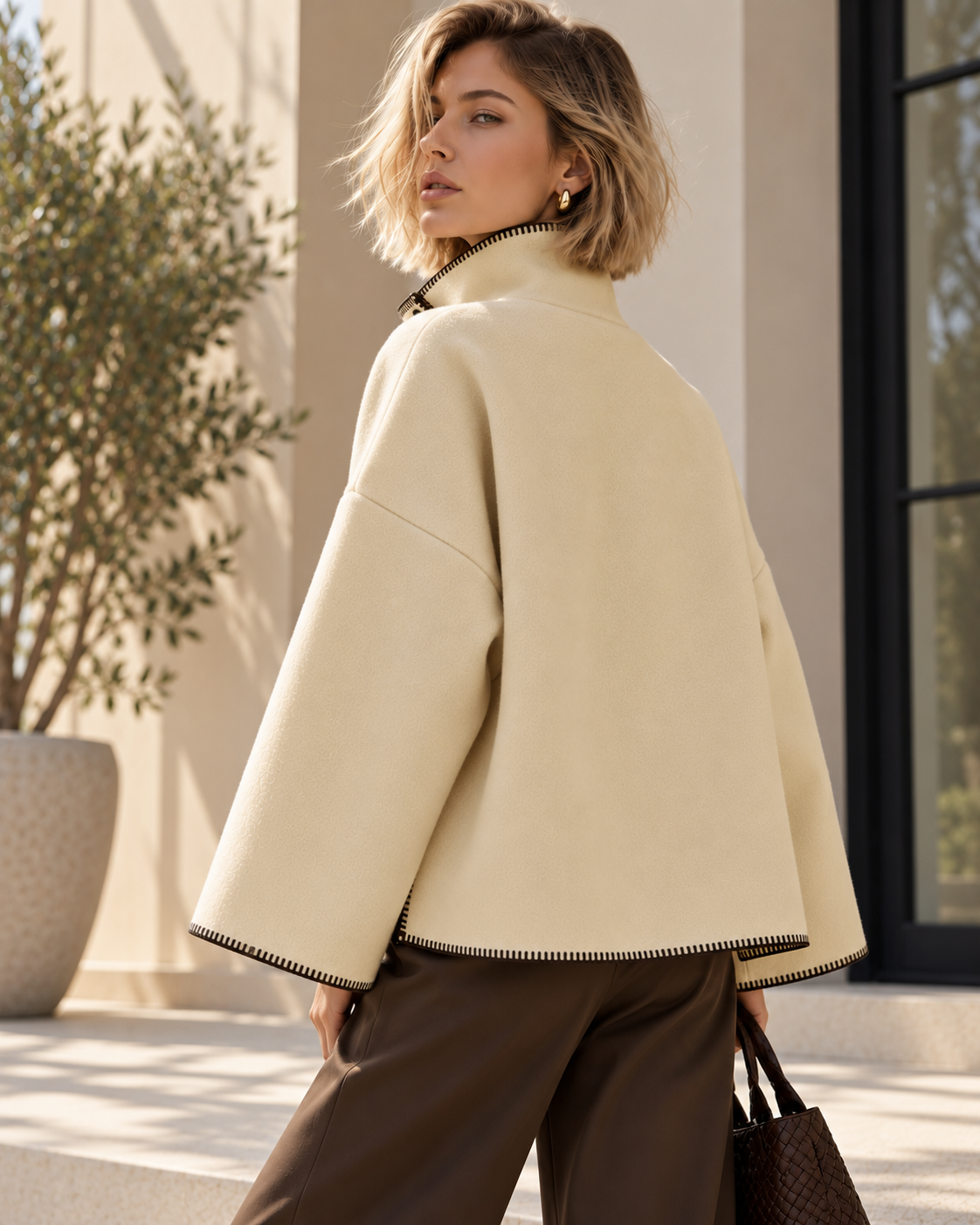 boxy jacket women, contrast trim jacket, hip-length relaxed silhouette with dark blanket-stitch detailing and a clean button front, suited to Parisian minimalist jacket women, smart casual jacket styling and elevated city outfit women dressing.