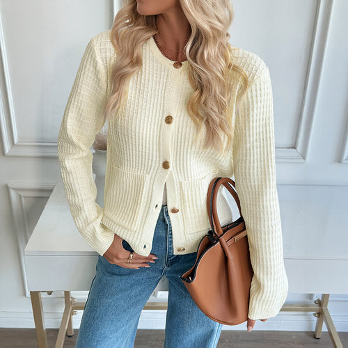 Cream knit cardigan for women, button down cardigan women style, long sleeve cardigan for office wear, casual layering cardigan for fall outfits, lightweight neutral color cardigan workwear chic.