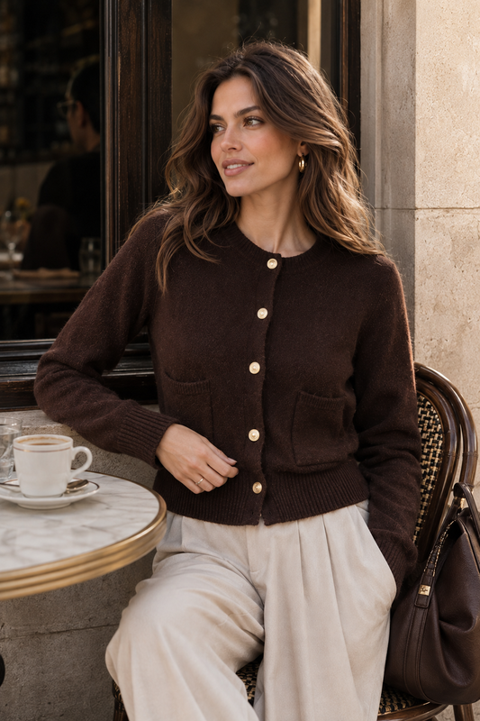 Dark brown women's button front cardigan with a round neck, long sleeves, patch pockets, gold-tone buttons and ribbed cuffs, styled as a fall layer for tailored trousers and quiet luxury wardrobes.