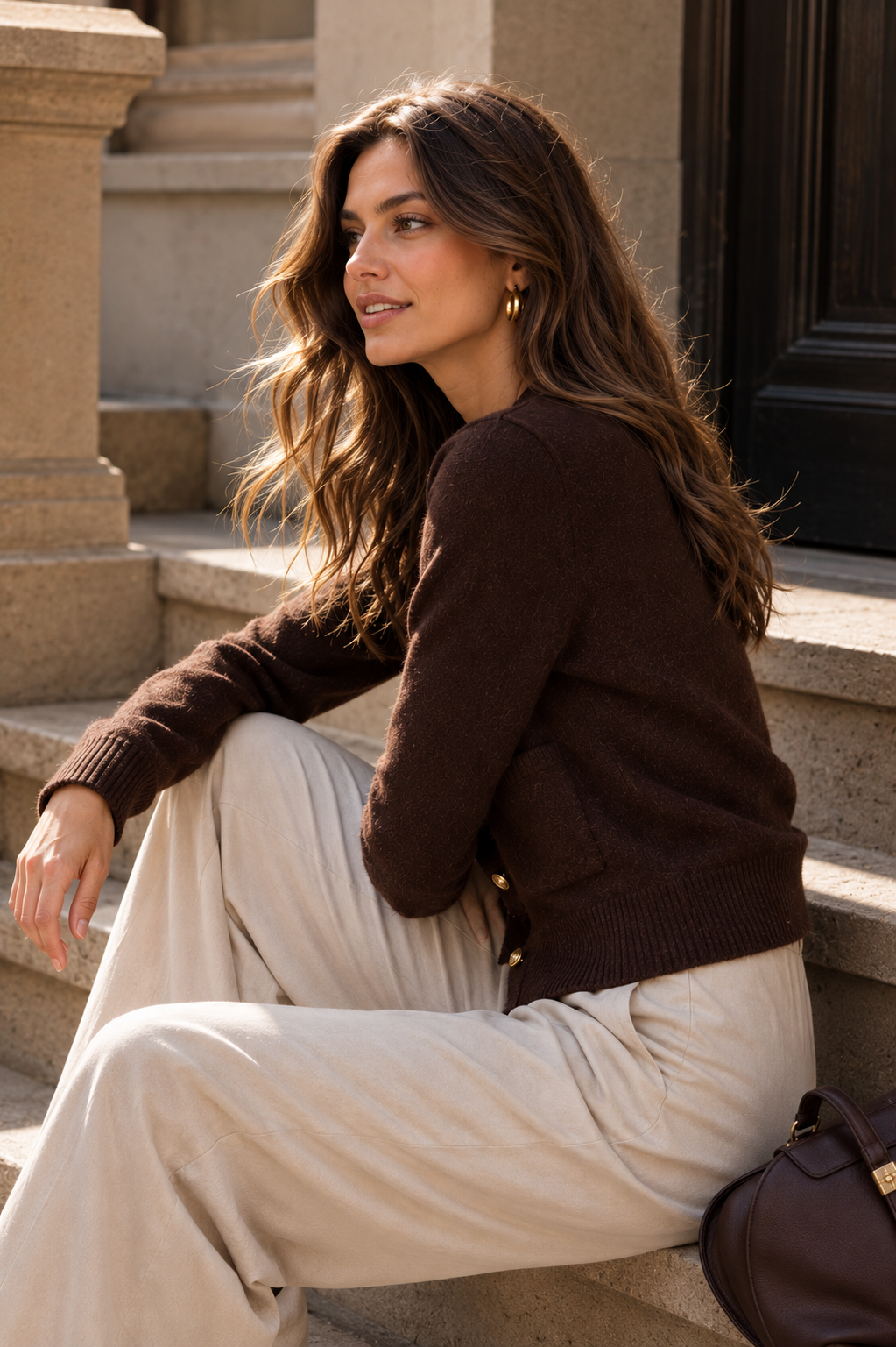 Dark brown textured knit cardigan with a round neckline, gold-tone buttons, two patch pockets, long sleeves and ribbed trims, styled as heritage-inspired knitwear for sophisticated autumn layering.