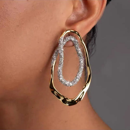 Diamond drop earrings, statement earrings, Gold sculptural double-oval statement earrings for women featuring pavé crystal accents, hypoallergenic metal, lightweight drop design, elegant modern jewelry USA.
