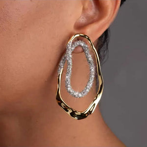Diamond drop earrings, statement earrings, Gold sculptural double-oval statement earrings for women featuring pavé crystal accents, hypoallergenic metal, lightweight drop design, elegant modern jewelry USA.