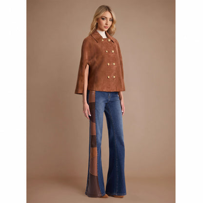 Double breasted cape jacket women in faux suede with statement button cape jacket accents, styled as a city chic brown cape jacket look and perfect for suede cape jacket street style women searches, fall coats women, suede jacket women, cropped jackets.