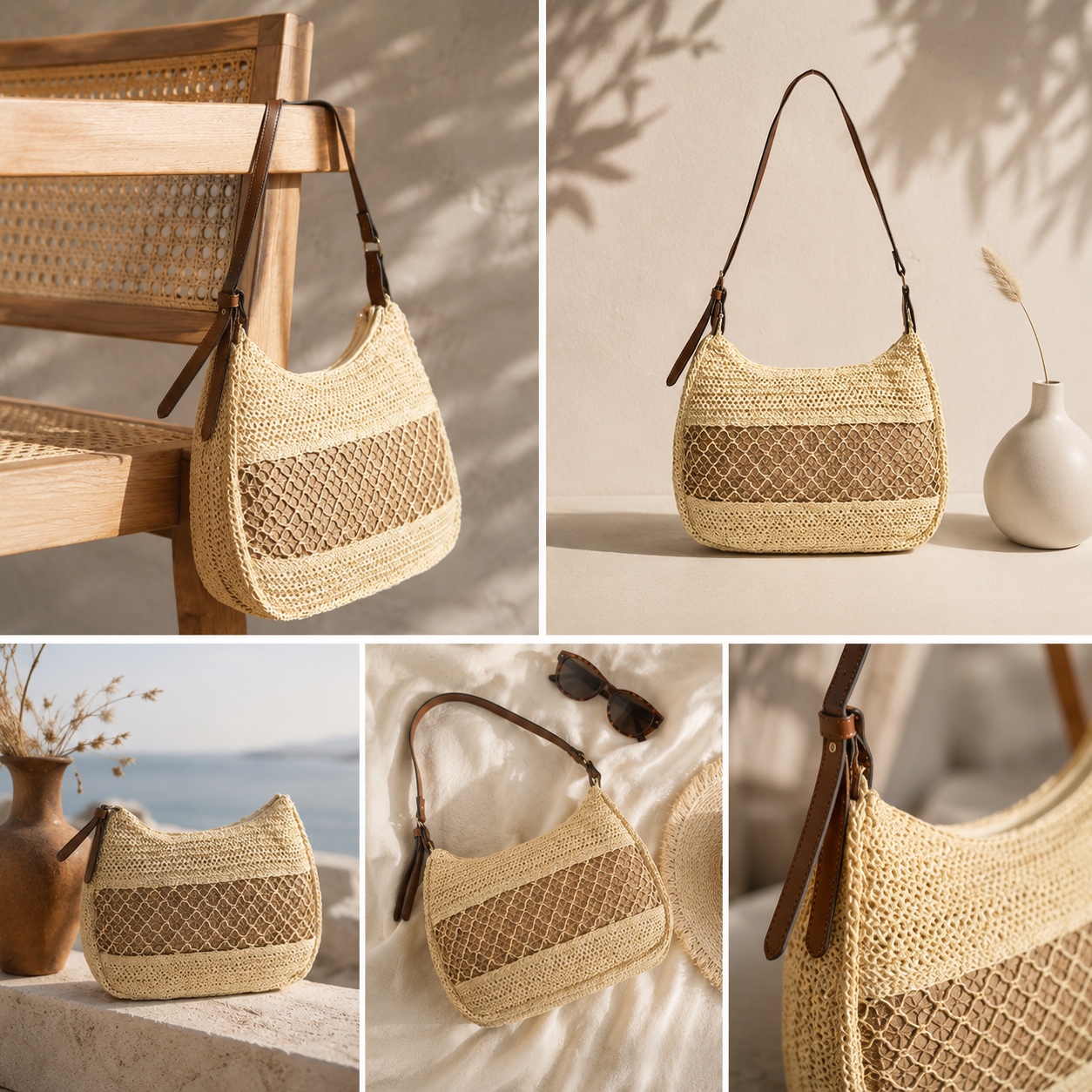 Boho straw bag, Beachy woven straw bag, Effortless summer bag, Woven straw bag with natural woven bag texture and soft crescent curved shape, straw shoulder bag styled as a vacation straw bag for resort bag women summer travel outfits.