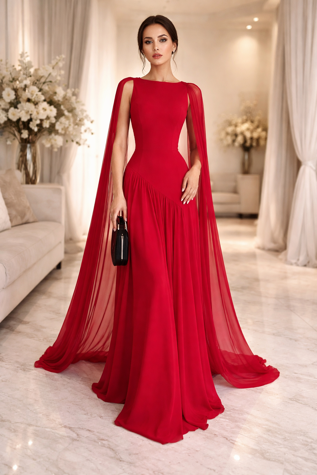 Fit and flare evening gown, red cape ruched maxi dress, evening gown with cape, asymmetric cape dress, Red chiffon cape sleeve maxi dress for women featuring flowing A-line silhouette and structured bodice, elegant Valentine’s Day evening gown for formal date nights and special occasions.