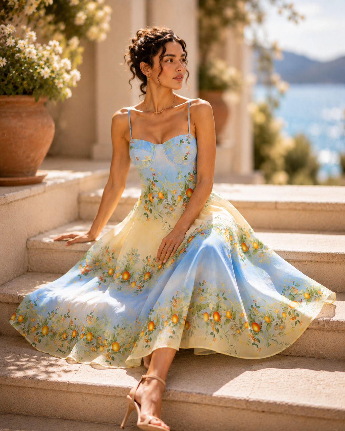Floral Corset Dress, A flowing fit-and-flare silhouette makes this botanical print midi dress women style easy for brunch, while the ombré blue floral summer midi details add fresh Mediterranean-inspired charm for brunch.