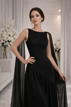 Load image into Gallery viewer, Gala evening cape dress, Race day maxi gown, Fit and flare maxi, A-line skirt gown with ruched waist and cape sleeves, and asymmetric drape.