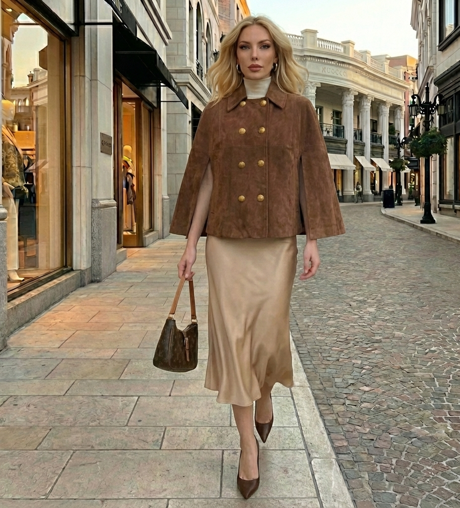 Claire Brown Suede Double Breasted Cape Jacket Women | Gold Button Cropped Cape Coat