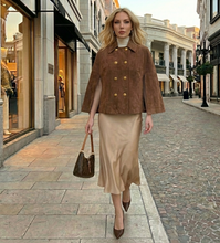 Load image into Gallery viewer, Claire Brown Suede Double Breasted Cape Jacket Women | Gold Button Cropped Cape Coat | Brown Suede jacket