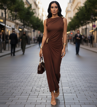 Load image into Gallery viewer, Aubrey Goddess Draped Maxi Dress | Asymmetric Ruched Bodycon Maxi Dress | Luxury Fall Evening Gown Dress