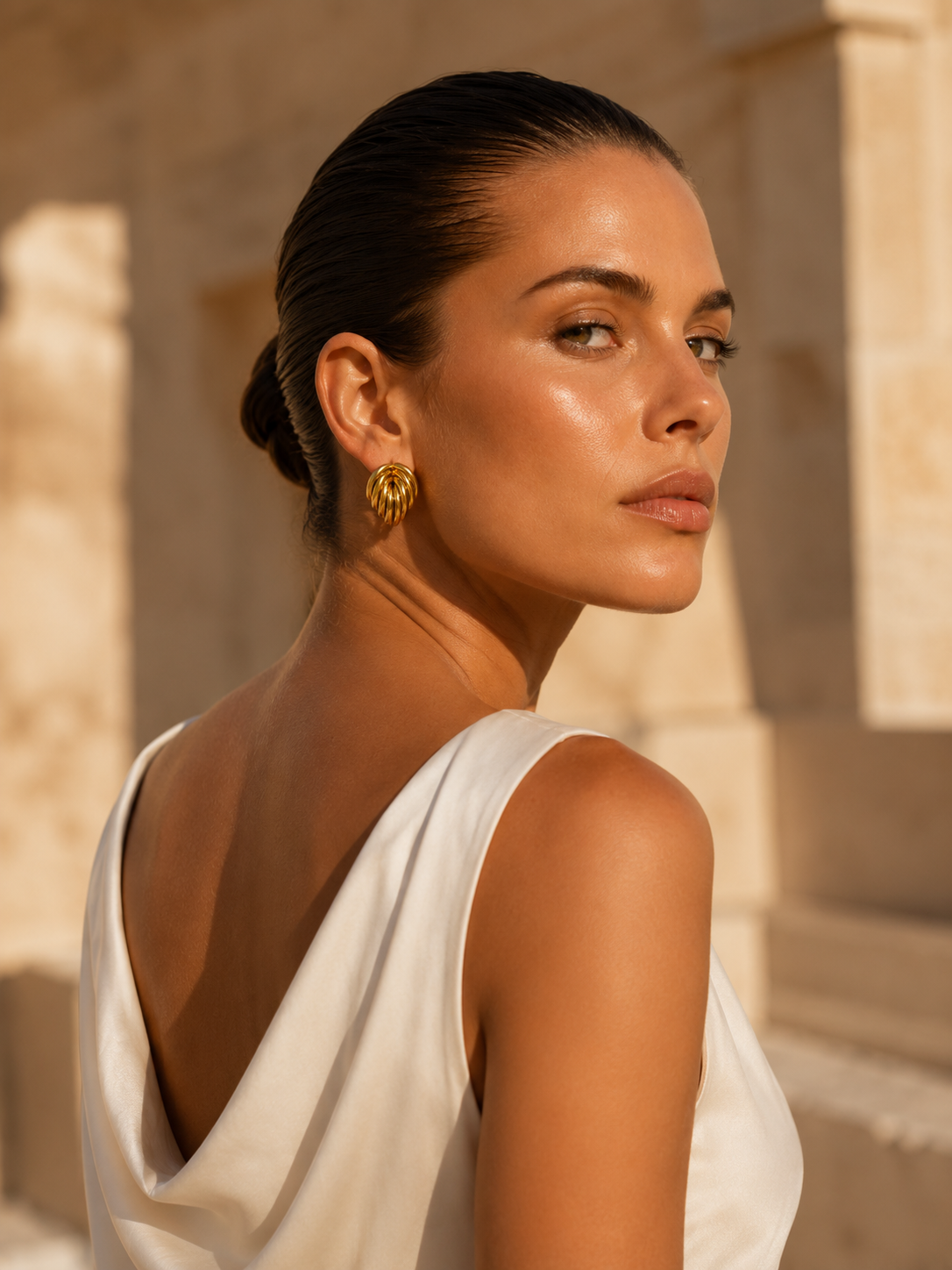 Gold-tone chunky knot earrings with an intertwined sculptural design for office wear, parties and special occasions. Contemporary gold knot statement earrings featuring a polished multi-loop silhouette for minimalist jewellery collections.