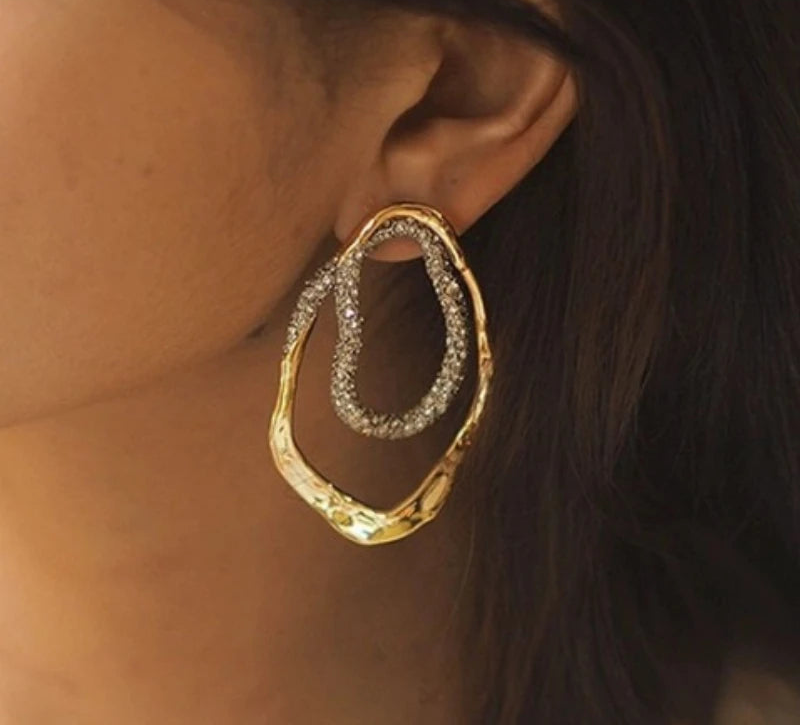 gold hoops, party earrings, Gold pavé crystal drop earrings with sculptural oval silhouette, statement earrings for women, lightweight hypoallergenic jewelry, USA fashion jewelry.