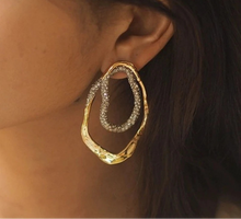 Load image into Gallery viewer, gold hoops, party earrings, Gold pavé crystal drop earrings with sculptural oval silhouette, statement earrings for women, lightweight hypoallergenic jewelry, USA fashion jewelry.