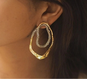 gold hoops, party earrings, Gold pavé crystal drop earrings with sculptural oval silhouette, statement earrings for women, lightweight hypoallergenic jewelry, USA fashion jewelry.