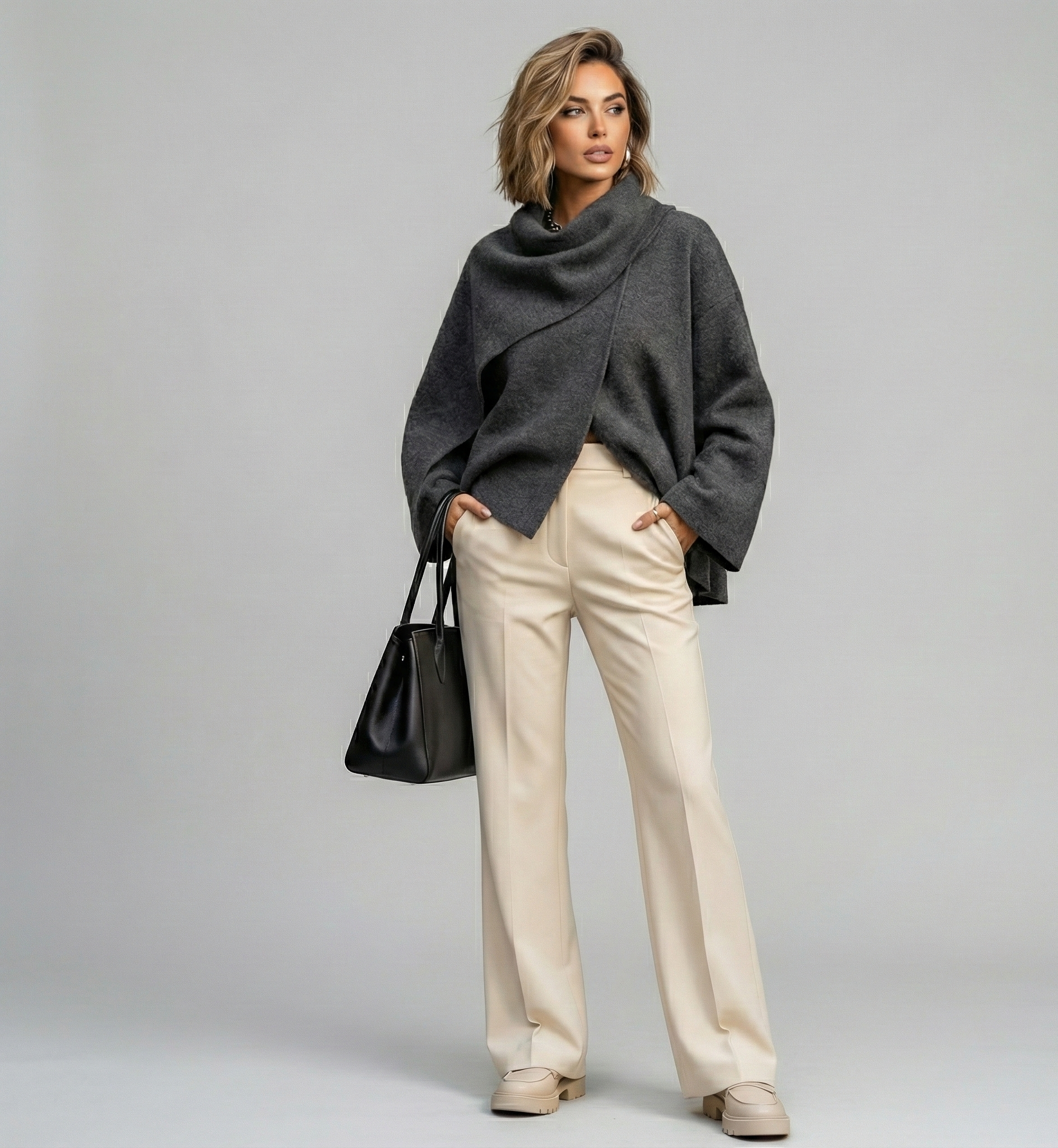 Grey oversized scarf coat women, quiet luxury coat women, Oversized cape sweater women with soft knit drape, scarf neck detail, perfect quiet luxury sweater for business casual sweaters women and winter travel outfits women.