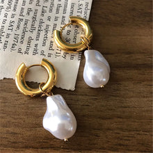 Load image into Gallery viewer, Pearl Drop Earrings, Baroque pearl earrings, Statement earrings, Huggie earrings, Womens pearl earrings,  Retro pearl earrings, Baroque style pearl, Womens fashion accessories, gold pearl drop earrings, Dangle earrings, Pearl Dangle earrings, Elegant earrings, Womens pearl earrings, Chic jewelry trends, Retro chic accessories, Retro imitation pearl earrings.