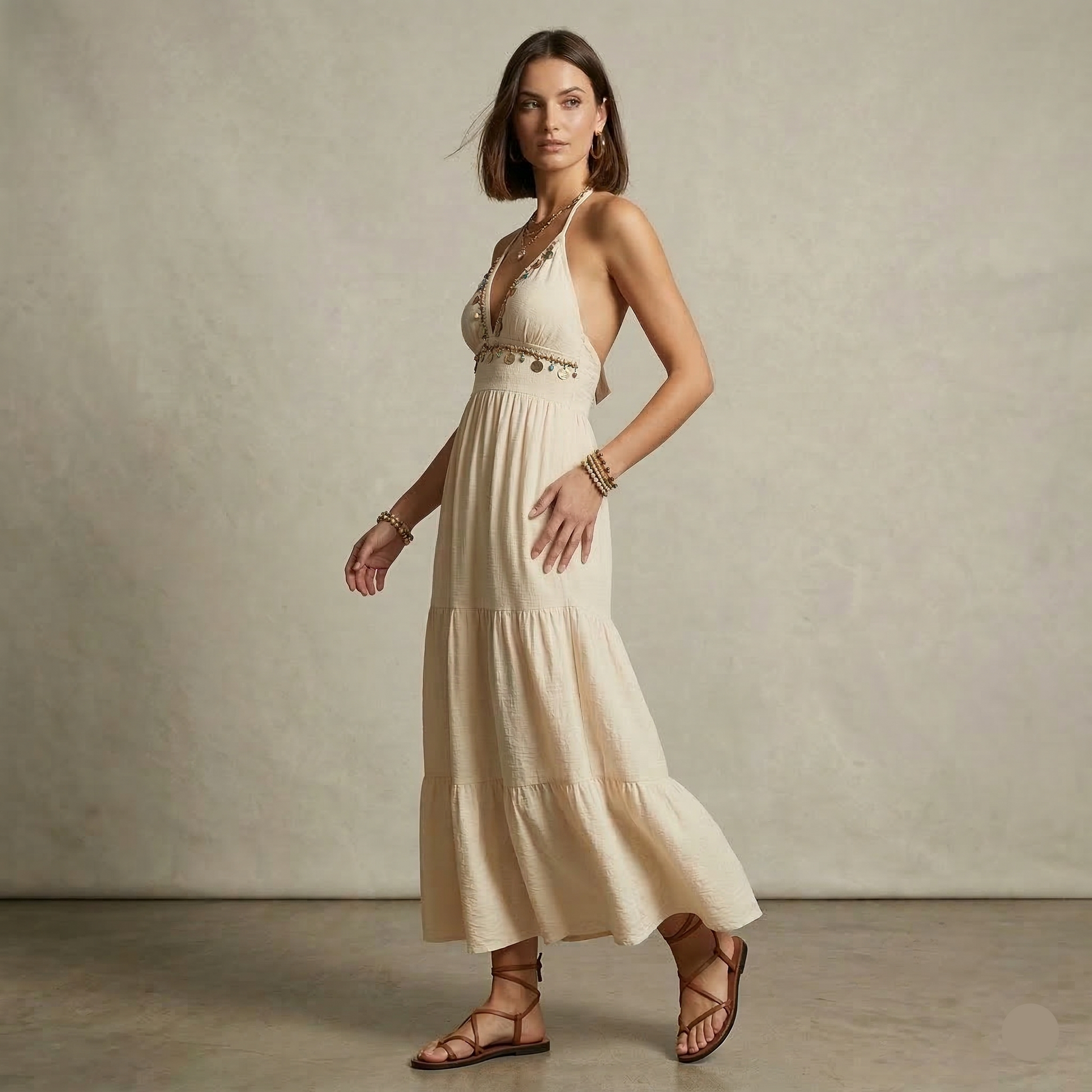 Ruffle tiered boho maxi, Tiered smocked waist maxi, Halter maxi dress with open back design and smocked waistband, beige bohemian halter maxi dress featuring tiered skirt silhouette and lightweight viscose fabric for summer evening halter maxi wear, tiered maxi petite frame, tiered maxi petite frame,  Instagram bohemian maxi dress.
