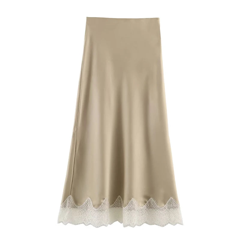 High waisted satin midi skirt women lace hem, fluid silky fabric with slim bias cut silhouette, midi length elegant fit, satin midi skirt outfit for office wear women business casual outfits