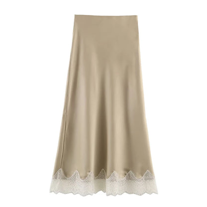 High waisted satin midi skirt women lace hem, fluid silky fabric with slim bias cut silhouette, midi length elegant fit, satin midi skirt outfit for office wear women business casual outfits