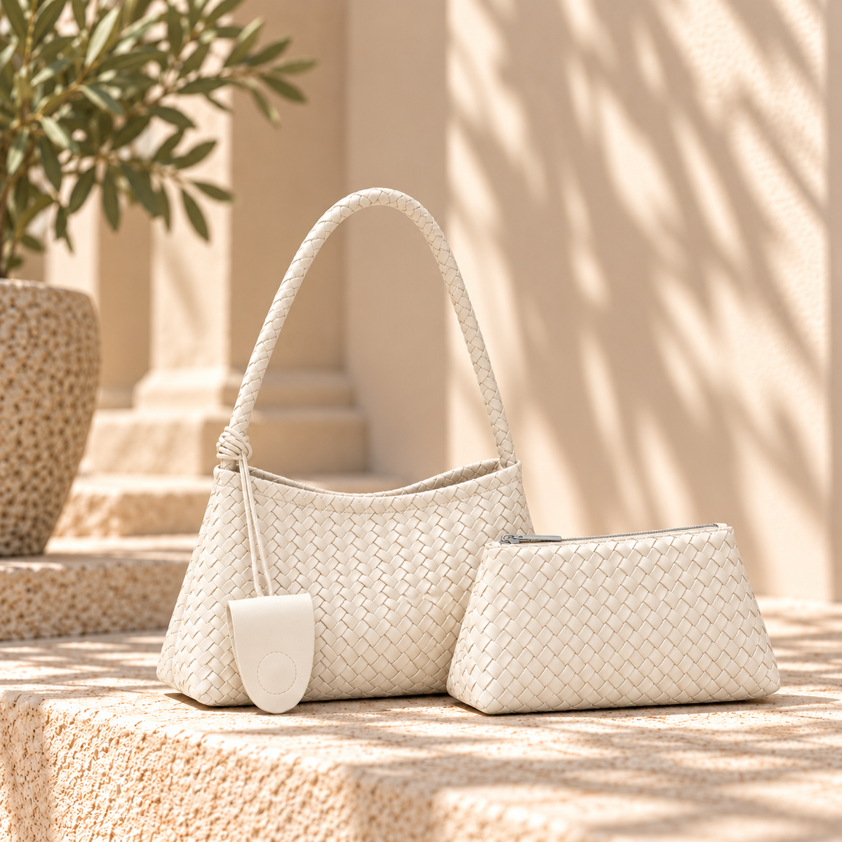 Brown textured hobo shoulder bag featuring an intricate woven body, relaxed curved silhouette, braided long strap and matching zip pouch, combining a tactile statement finish with everyday functionality for office outfits, travel and brunch.