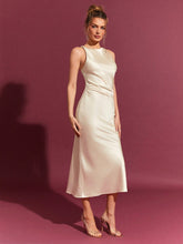 Load image into Gallery viewer, Ivory satin midi dress with high neckline and sculpted waist drape, perfect for wedding guests, cocktail nights, quiet luxury outfits, and elegant evening occasions for women, wedding guest satin dress, quiet luxury dress.