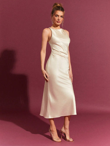 Ivory satin midi dress with high neckline and sculpted waist drape, perfect for wedding guests, cocktail nights, quiet luxury outfits, and elegant evening occasions for women, wedding guest satin dress, quiet luxury dress.