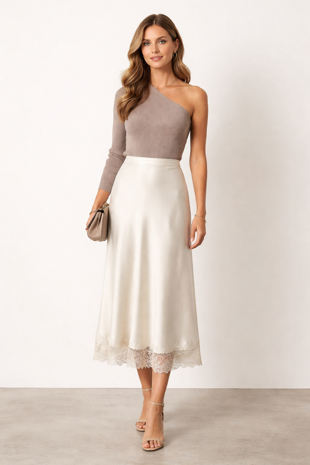 Ivory satin midi skirt lace trim, lace hem midi skirt outfit women, elegant midi skirt outfit,  lightweight silky satin texture with flattering bias cut silhouette, high waist clean midi length design, ivory satin skirt outfit women for summer outfits, Satin Midi Skirt with Lace Trim Women Bias Cut High Waisted Elegant Minimal Chic Outfit.