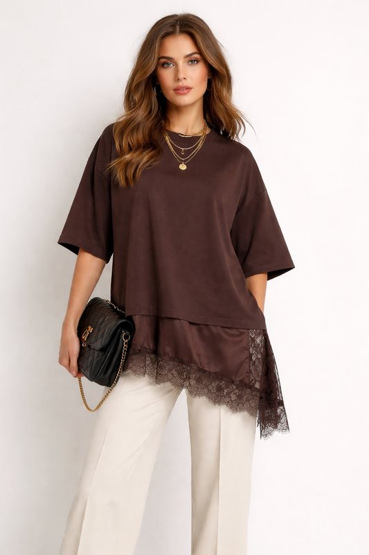 faux layered top women, satin lace hem top, Layered lace hem top for women, t shirt with satin lace hem women, soft cotton blend with satin underlayer and lace trim detail, oversized relaxed silhouette, oversized t shirt with lace hem outfit women, perfect for casual everyday styling, minimalist outfits women, smart casual outfits women.