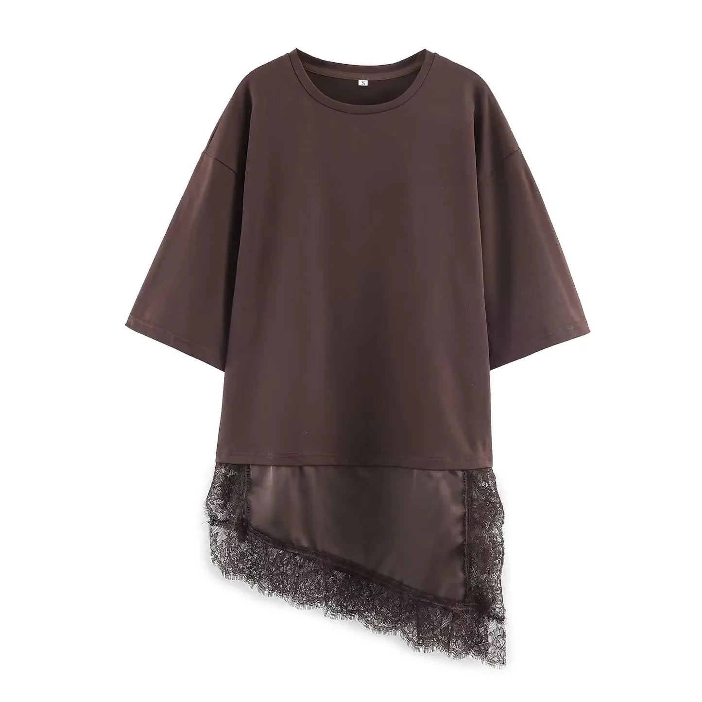 Layered lace hem top for women, soft cotton blend with satin underlayer and lace trim detail, oversized relaxed silhouette, oversized t shirt with lace hem outfit women, perfect for casual everyday styling