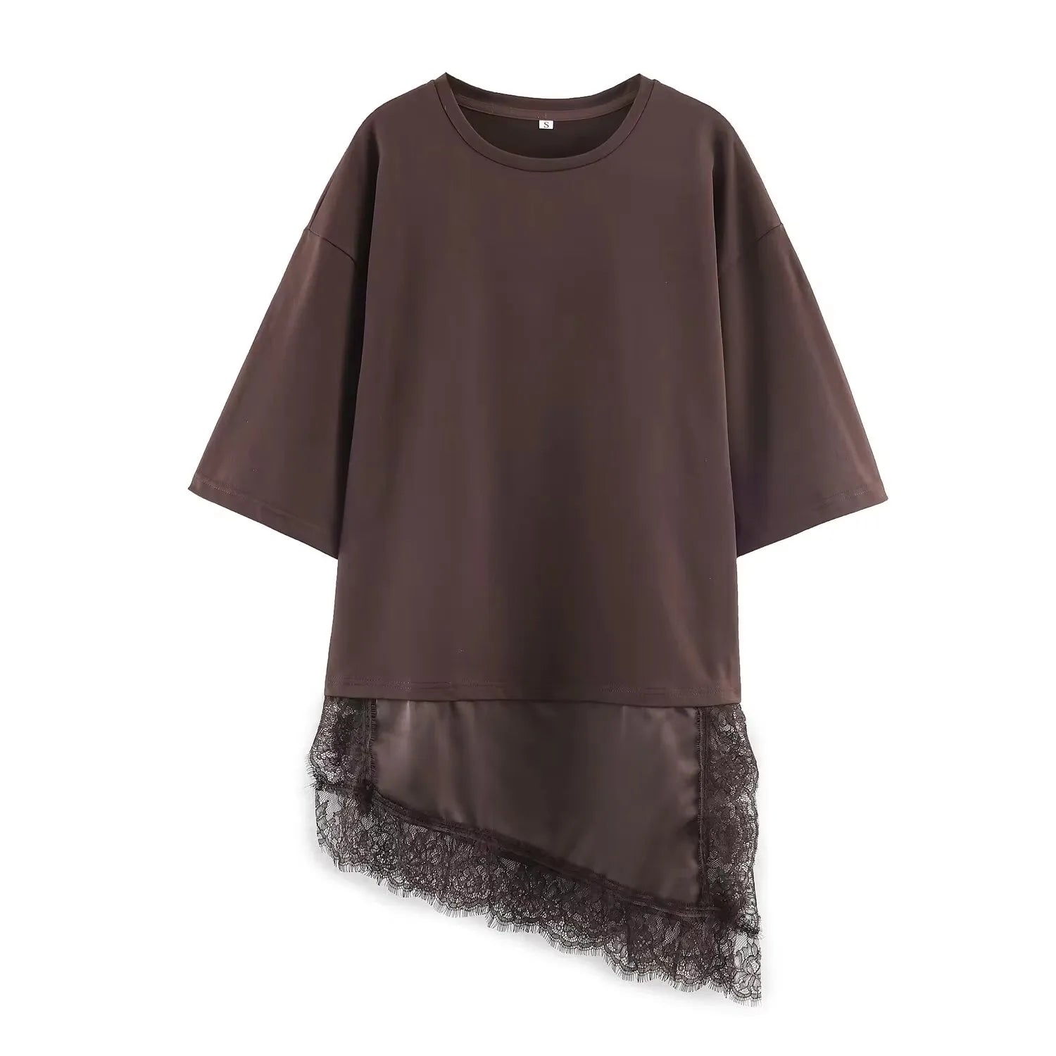 Layered lace hem top for women, soft cotton blend with satin underlayer and lace trim detail, oversized relaxed silhouette, oversized t shirt with lace hem outfit women, perfect for casual everyday styling