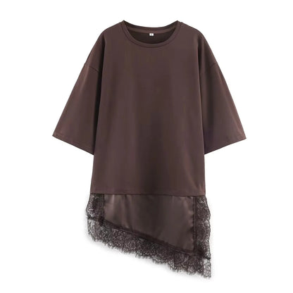 Layered lace hem top for women, soft cotton blend with satin underlayer and lace trim detail, oversized relaxed silhouette, oversized t shirt with lace hem outfit women, perfect for casual everyday styling