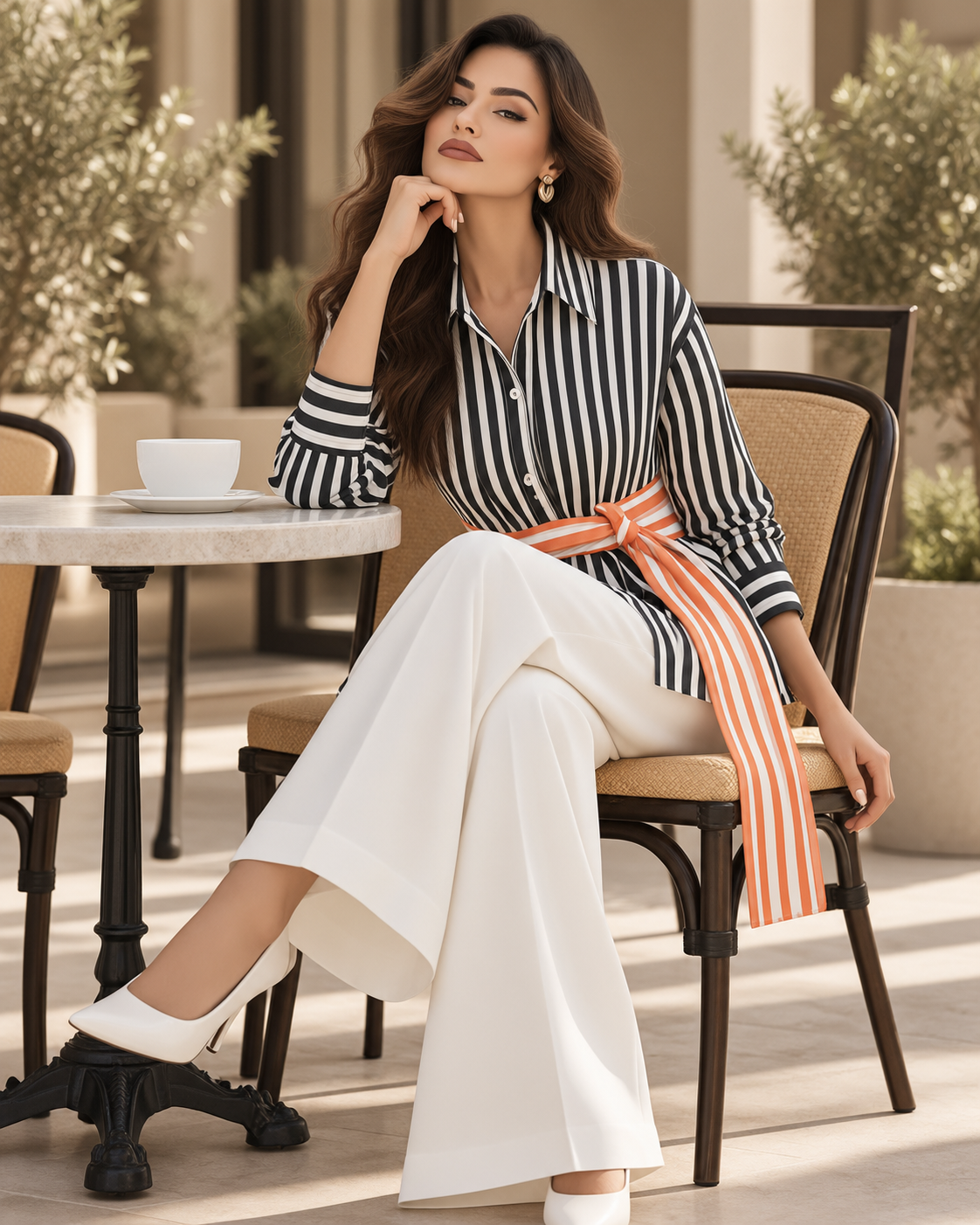 Long sleeve striped shirt with a relaxed straight silhouette, contrast waist sash and wide striped cuffs, styled as a classy fall outfits women look for office wear women, weekend outfit women, and elevated autumn dressing.