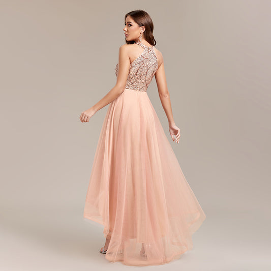 Mesh sequin party dress with high low hem, halter neckline, glamorous evening outfit, tulle sequin party dress, mesh dress, mesh overlay sequin dress, sequin mesh wedding guest dress, tulle cocktail dress for wedding guest, halter neck sequin dress for party.