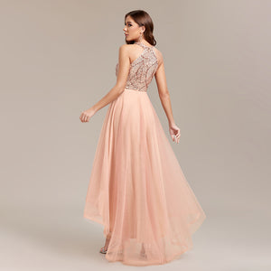Mesh sequin party dress with high low hem, halter neckline, glamorous evening outfit, tulle sequin party dress, mesh dress, mesh overlay sequin dress, sequin mesh wedding guest dress, tulle cocktail dress for wedding guest, halter neck sequin dress for party.