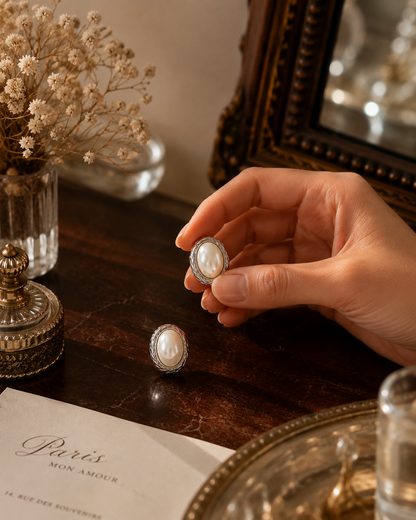 Silver Pearl Earrings, Old Money Jewellery, Minimalist stainless steel pearl earrings featuring simulated pearls and a polished oval design, perfect for building a quiet luxury jewellery collection with timeless everyday pieces.