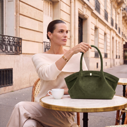 Minimalist tote bag women crafted from faux suede with an oversized slouchy tote shape, minimalist gold hardware, and laptop-friendly storage for a polished business casual tote bag look.
