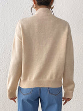 Load image into Gallery viewer, Mock neck beige knit sweater with floral daisy buttons, soft cozy fall sweater for women, Pinterest-style winter outfit aesthetic, warm wool blend top for everyday wear.
