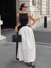 Load image into Gallery viewer, Monochrome dress womens maxi dress, structured woven cotton fabric with refined office maxi dress styling, fitted bodice and flowy skirt shape, office wear maxi dress, for professional daytime office looks.