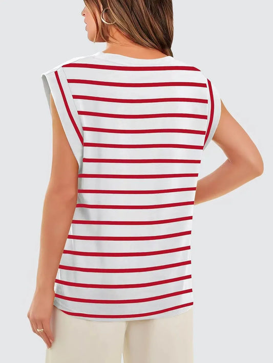 Nautical stripe muscle tee for women in soft smooth fabric with structured cap sleeves, Pinterest aesthetic casual summer top for old money inspired vacation outfits.