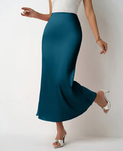 Load image into Gallery viewer, Satin slip skirt women’s midi length in red, black, navy, ivory &amp; pink. Work-appropriate satin skirt that transitions from office wear to cocktail parties, dinners &amp; wedding guest outfits.