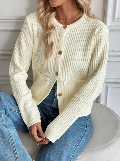 Neutral color cream sweater cardigan women, long sleeve waffle knit cardigan for workwear, comfortable cardigan for travel, affordable knit cardigan under $50, best layering cardigan for fall outfits.