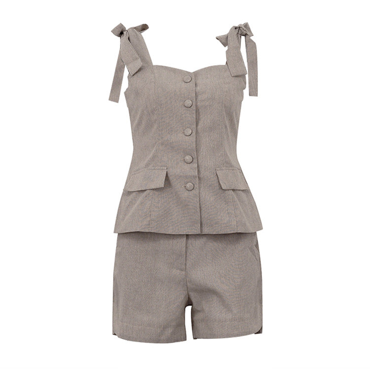Cotton Bow Suspenders Vest Loose Shorts Two Piece Sets Cardigan Tube Top Women
