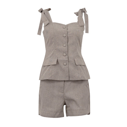 Cotton Bow Suspenders Vest Loose Shorts Two Piece Sets Cardigan Tube Top Women