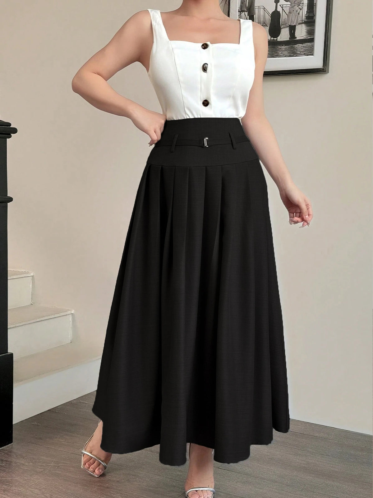 Office High End Design Black Skirt Belly Covering A line Summer Small High End Exquisite Skirt