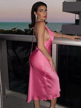 Load image into Gallery viewer, backless satin dress, satin midi dress, halterneck dress, halterneck midi dress, pleated midi dress, summer, midi slip dress, slip dress, pleated slip dress, flowy pleated satin midi dress, sleeveless pleated satin midi dress, satin slip dress, cocktail dress, sleeveless slip dress, Women&#39;s Cocktail &amp; Party Dresses, prom and dance dress