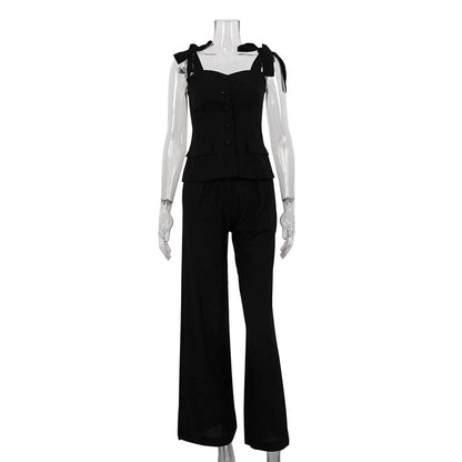 Spring Summer Black Bandeau Sling Top High Waist Wide Leg Pants Two Piece Set
