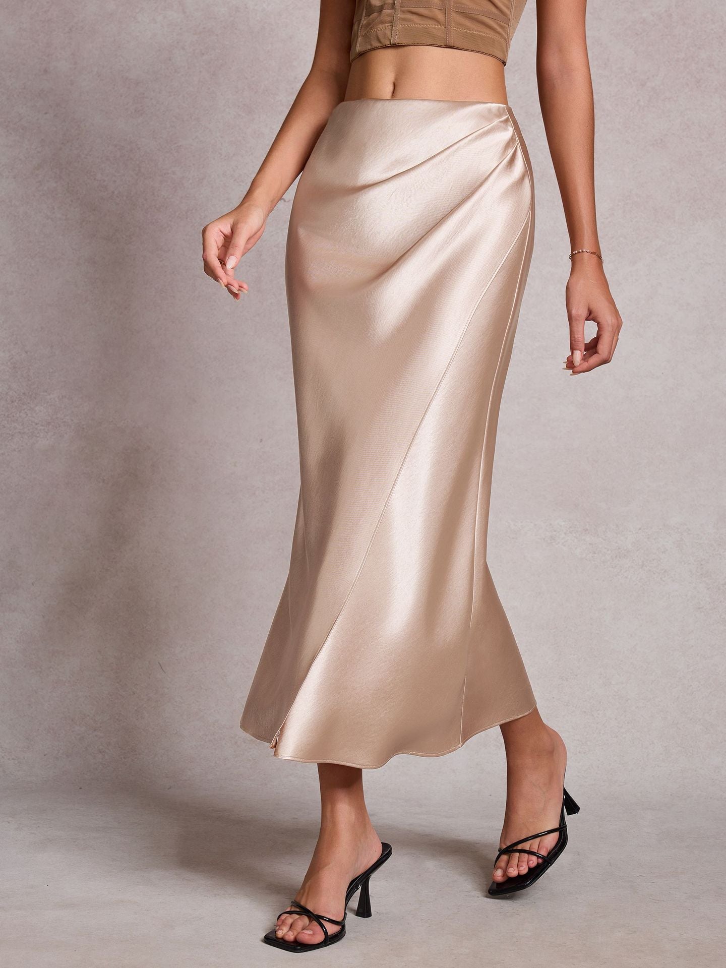 Heap Pleated Satin Skirt Elastic Waist Solid Color Elegant Sheath Skirt